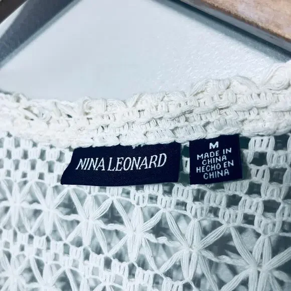 Nina Leonard Cardigan Cream Open Knit Artsy Button Crocheted Boho Beachy M - Picture 4 of 6